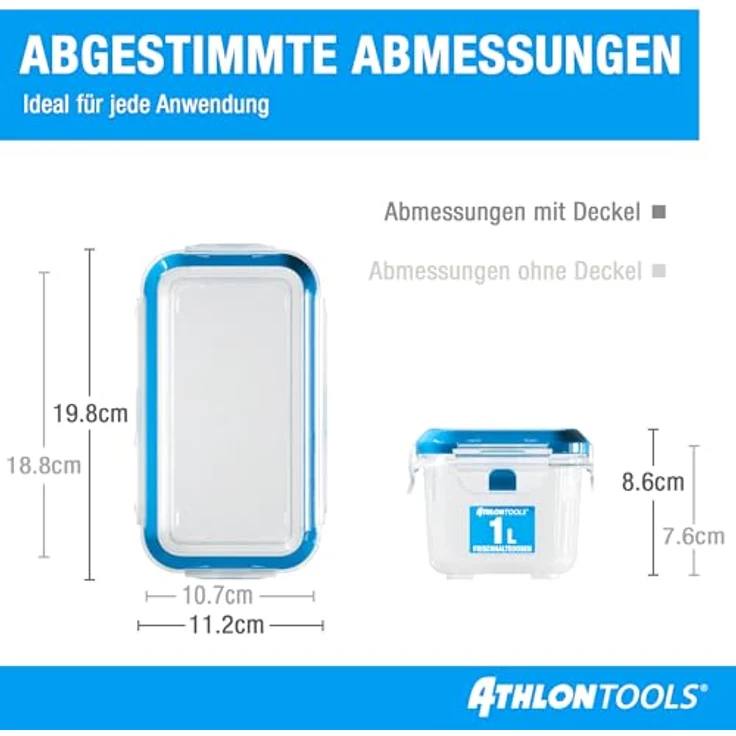 ATHLON TOOLS 4x 1L Frischhaltedosen-Set, luftdicht und auslaufsicher, gastro-Qualität, BPA-frei, stapelbar für Kühlschrank, -40 bis +100 Grad, 4er Set – Bild 2