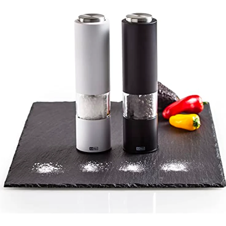 AdHoc elektrische Salzmühle und Pfeffermühle 2er Set Tropica Schwarz und Weiß mit Keramikmahlwerk einstellbar fein bis grob inkl. Salz & Pfeffer – Bild 2
