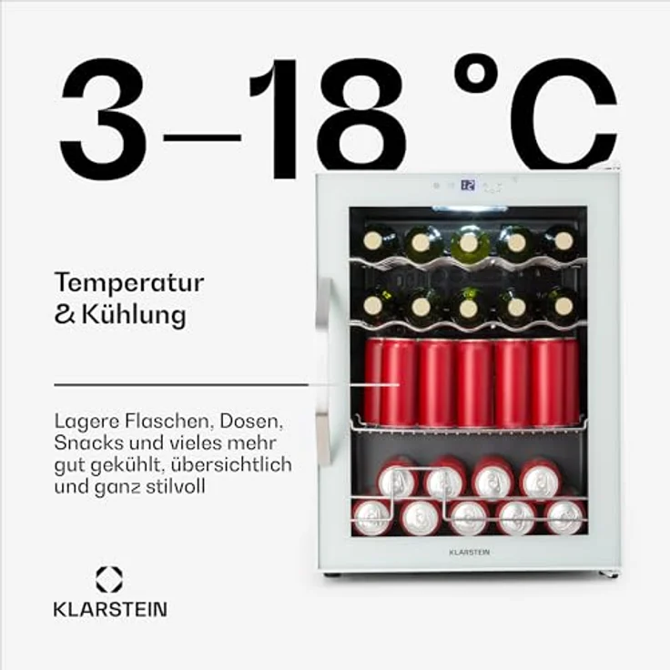 Klarstein Coachella 60, Getränkekühlschrank mit WLAN, 60 L, Glastür, LED-Innenbeleuchtung, 3-18 °C, 7 Lichtfarben, 3 Metallablagen, Energieeffizienz E, Weiß – Bild 4