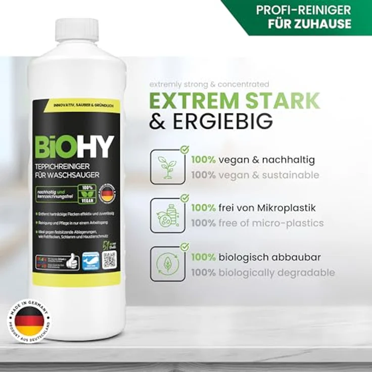 BiOHY Teppichreiniger für Waschsauger, 2 x 1 Liter, kraftvoll gegen Flecken und Schmutz, materialschonend & tierfreundlich, hergestellt in Deutschland – Bild 2