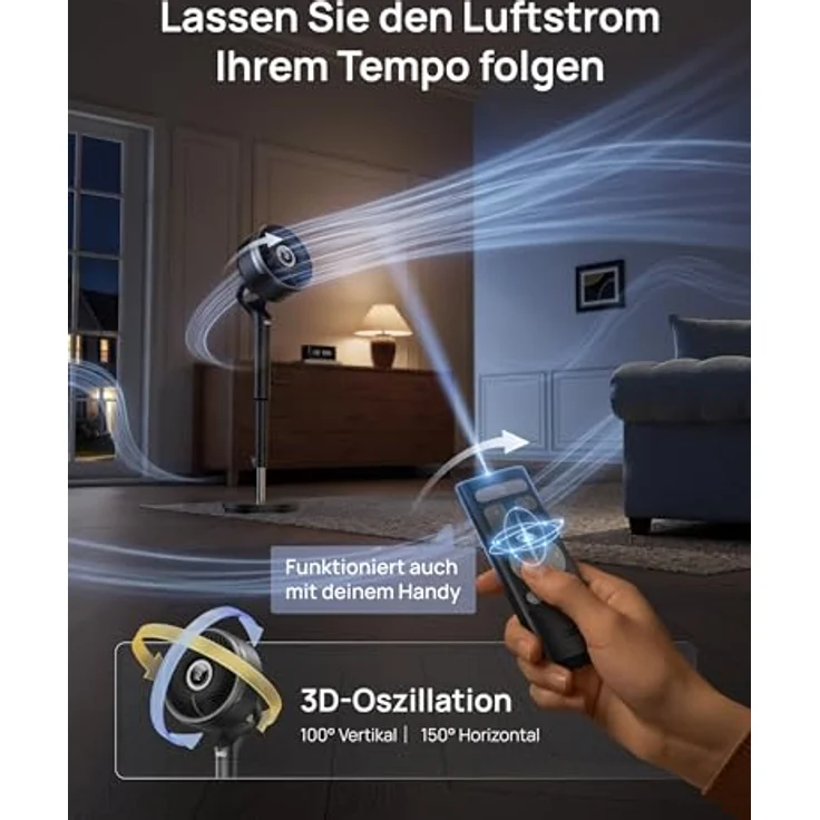 DREO Smart-Ventilator, Standventilator mit 150°+100° Oszillation, 36,6 m Reichweite, leiser DC-Motor, 12 Geschwindigkeitsstufen, 6 Modi, Fernbedienung, 12-h-Timer – Bild 3