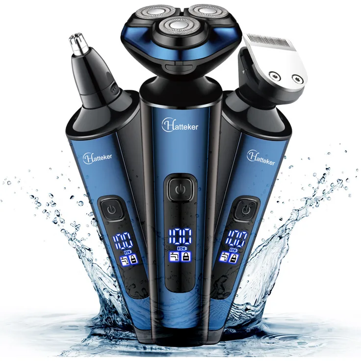 Hatteker 3-in-1 Elektrorasierer, Bartschneider und Kotelettentrimmer mit Rotationskopf, IPX7 wasserdicht, wiederaufladbar, für Nass- und Trockenrasur
