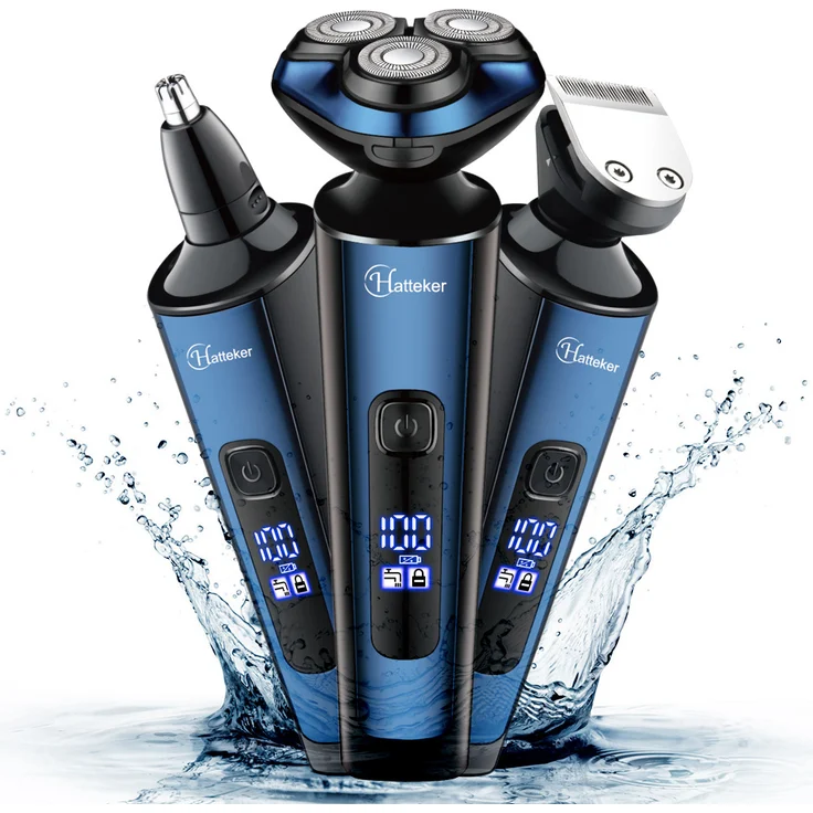 Hatteker 3-in-1 Elektrorasierer, Bartschneider und Kotelettentrimmer mit Rotationskopf, IPX7 wasserdicht, wiederaufladbar, für Nass- und Trockenrasur