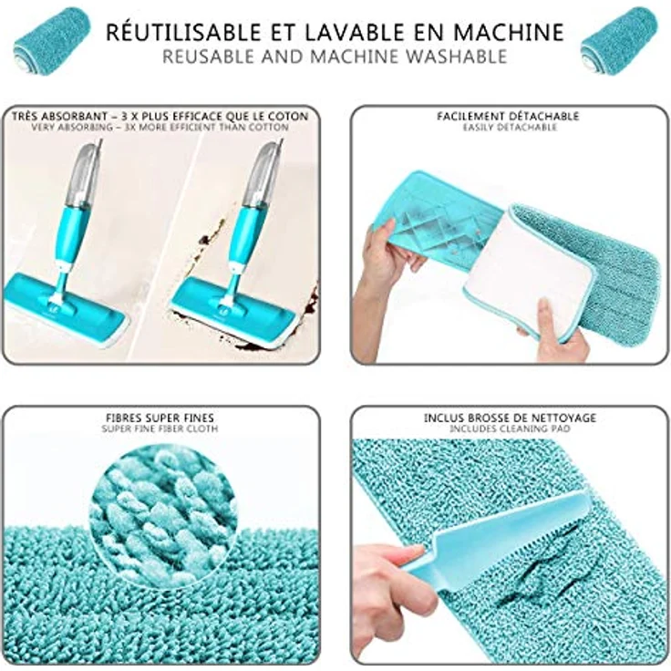 VOUNOT Wischer mit sprühfunktion, Sprühwischer mit 650ml Wassertank, Bodenwischer mit Sprühdüse, Spray Mop Wischmopp mit 2-Mikrofaserbezug, Blau – Bild 4