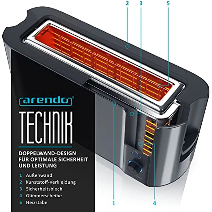 Arendo Frukost 2 Scheiben Langschlitztoaster - LCD Display mit Restzeitanzeige, Auftaufunktion, Brotzentrierung - Edelstahl, Cool Grey – Bild 3