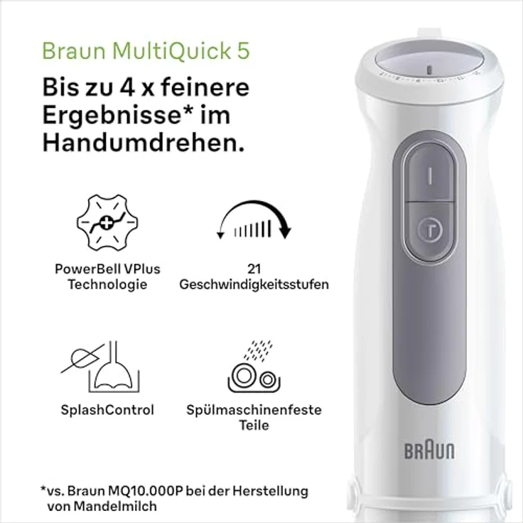 Braun Stabmixer MultiQuick 5 MQ 50001 M, 1000W, 21 Geschwindigkeitsstufen+Turbo, Edelstahl Pürierfuß, Easy Click System, SplashControl, Inkl. 600ml Becher, Weiß – Bild 2