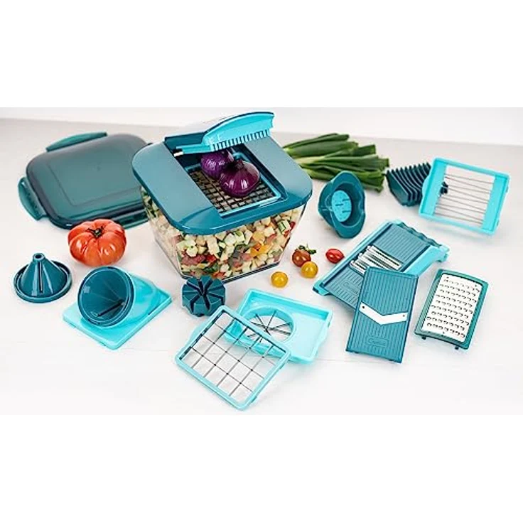 Nicer Dicer Chef Professional Gemüsescheider 23-tlg. Gemüsehobel manuell mit 5.2L großem Auffangbehälter Frischhaltedeckel, Spiraleinsätze, Tomatenschneider, Julienne, Salatschneider mit Rezeptbuch – Bild 2