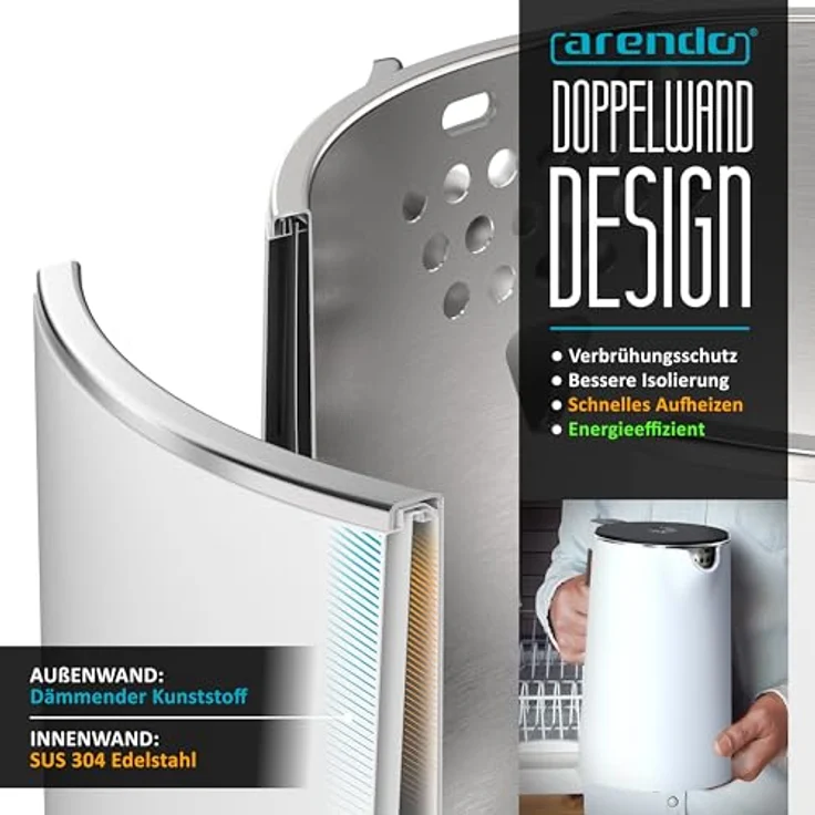 Arendo - Wasserkocher mit Temperatureinstellung - Edelstahl - 1.5 Liter - Doppelwand - BPA frei - Warmhaltefunktion - Teekocher - weiß matt – Bild 4