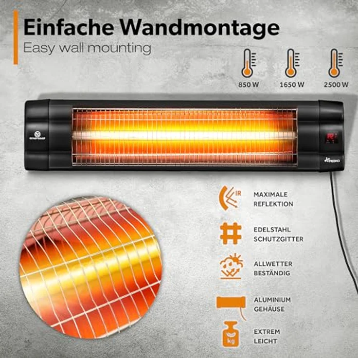 TRESKO Infrarot Heizstrahler 2500W mit Fernbedienung | Wärmestrahler Terrasse elektrisch mit 3 Heizstufen | Terrassenstrahler Innen & Außen | Wand-Infrarotstrahler mit LED-Anzeige Quarzstrahler - Preisvergleich – Bild 4