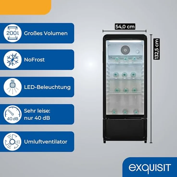 exquisit Getränkekühlschrank GKS180-GT-430D, 200l Glastürkühlschrank mit LED-Beleuchtung, Umluftventilator, 3 Ablagen, manuelle Temperaturregelung – Bild 3