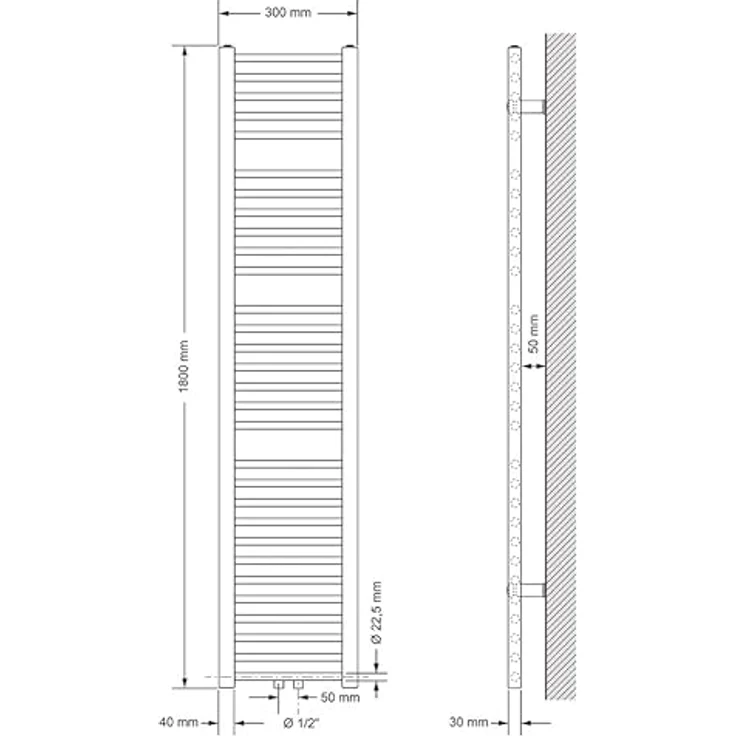 LuxeBath Badheizkörper 300x1800 mm, Weiß, Gerade mit Mittelanschluss, Hochwertiger Stahl, Platzsparendes Design, Effiziente Wärmeableitung – Bild 2