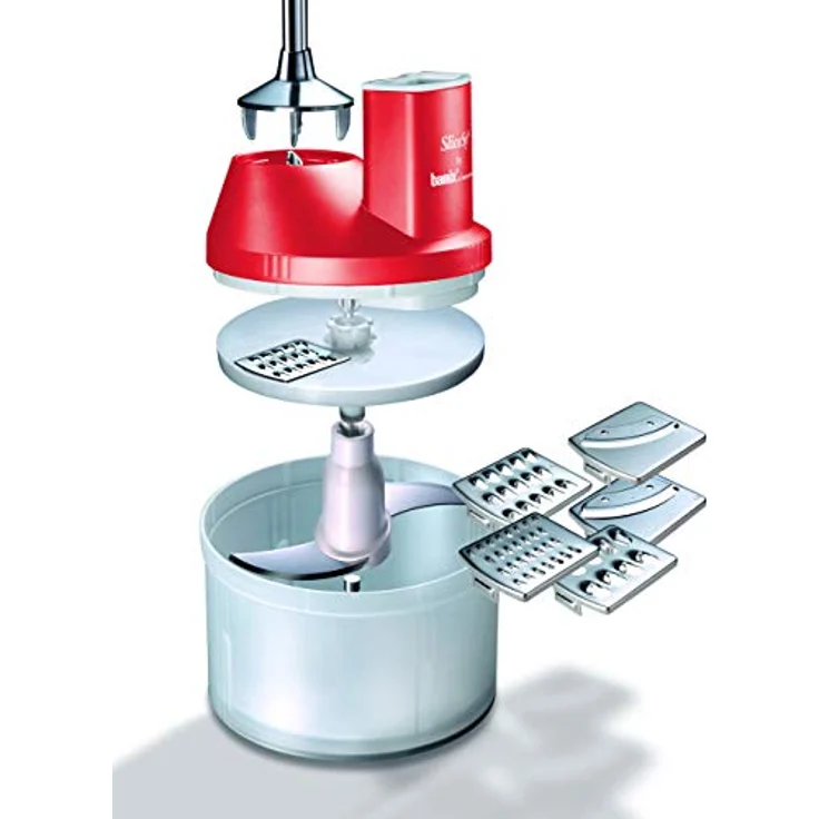 bamix Zubehör SliceSy für alle bamix Stabmixer ab 180 Watt, inkl. 5 Scheiben, Küchenmaschine multifunktional zum Schneiden, Mahlen, Hacken, Rot – Bild 2