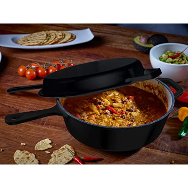 ECHTWERK Echtwerk Schmortopf und Grillpfanne 2-in-1 Set, Gusseisen Bräter mit Emaille-Beschichtung, 2,5 L, Schwarz, Ø 25,2 cm, Für Backöfen, Grill, BBQ und Induktion geeignet – Bild 4