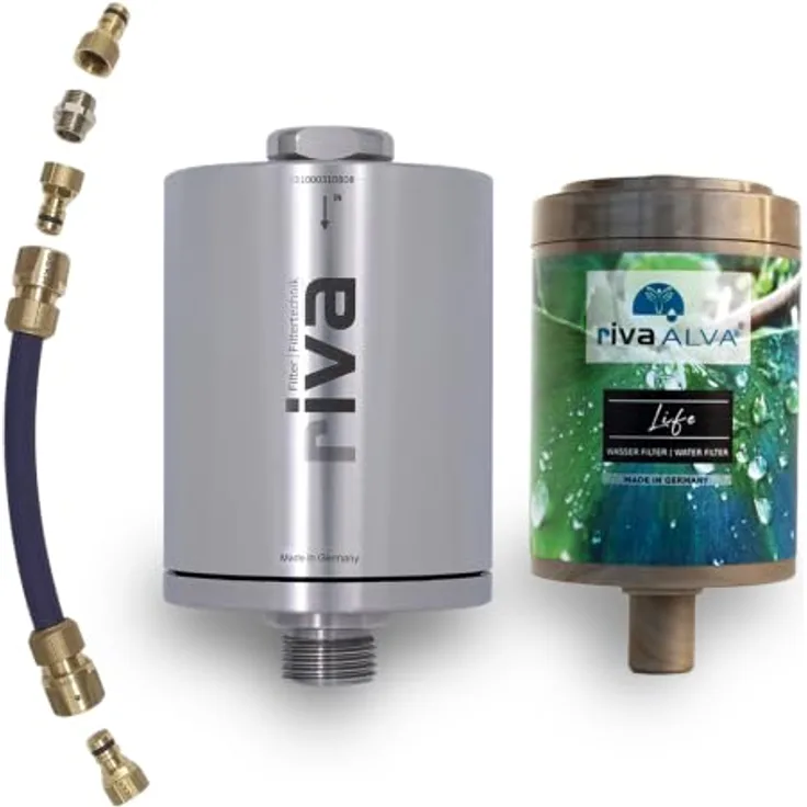 Riva rivaALVA Life Explorer | Blockaktivkohlefilter mit Edelstahlgehäuse, 540 l/h Durchfluss, GEKA-Schlauchanschlussset
