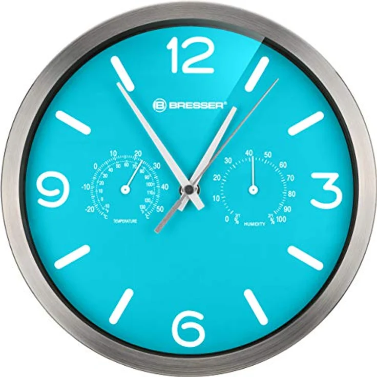Bresser Funkuhr Wanduhr MyTime ND Thermo-Hygro mit geräuschlosem Funkuhrwerk, Edelstahlrahmen und Anzeige für Temperatur und Luftfeuchtigkeit, hellblau, 250 x 250 mm – Bild 2