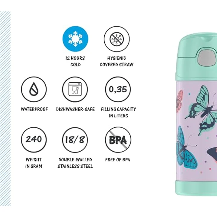 RMOVR THERMOS kids FUNTAINER STRAW BOTTLE 0,35l, butterflies, Thermosflasche für Kinder aus Edelstahl, mit Strohhalm, X h heiß/X h kalt, absolut dicht, für Schule, Kindergarten, Pause – Bild 5