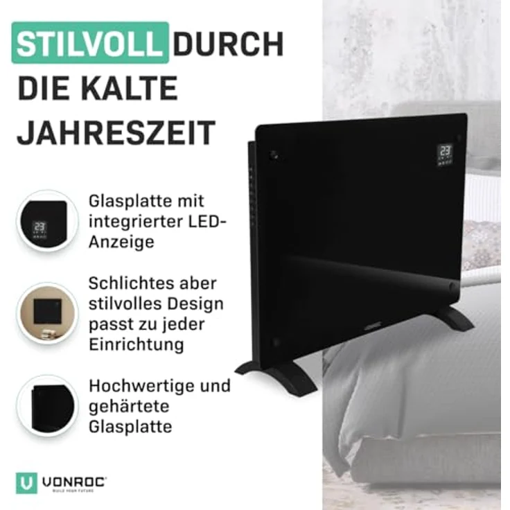 VONROC Elektroheizung, Konvektor-Heizung - elektrische Heizung bis 18m2 - Wand-/Bodenmontage - 2 Stufen 750W & 1500W, Manuelle/App Steuerung - schwarz – Bild 2