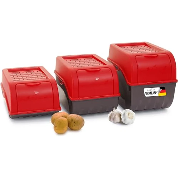 Novaliv Gemüsebox Set rot, Vorratsdosen aus Kunststoff mit 3 Größen (3.5L, 5L, 9L) für Kartoffeln, Zwiebeln, Knoblauch und Obst – Bild 1