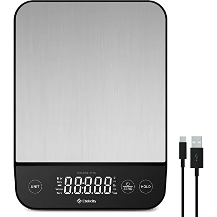 ETEKCITY Küchenwaage digital, Waage Küchenwaage mit größer lebensmittelechter Edelstahl-Platte, USB-Aufladung, wasserdichte 10KG Waage mit LED-Display, hohe Präzision bis zu 1g, Tara-Funktion, Silber – Bild 1
