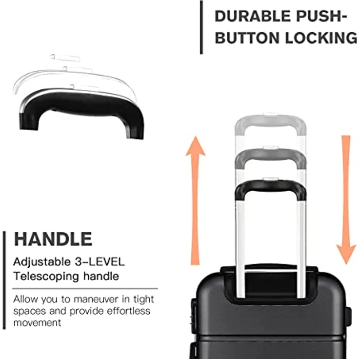 KONO Handgepäck Trolley, Hartschale aus ABS, 55x38x22cm, 33L, leichtgewicht, Schwarz, mit Rollen und Zahlenschloss – Bild 5