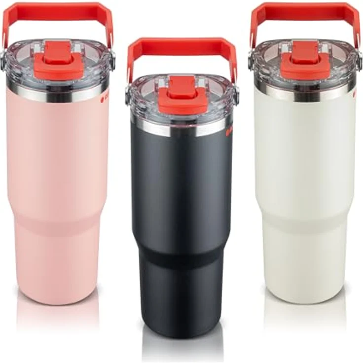 ROTPUNKT Thermobecher Edelstahl 500 ml, Isolierbecher mit Strohhalm & Click & Go Trinköffnung, auslaufsicher, BPA-frei, klappbarer Tragegriff, schwarz – Bild 1
