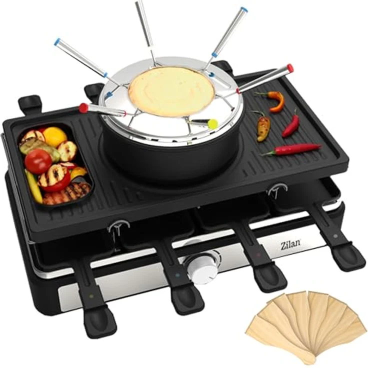 Raclette Grill mit Fondue Set | Raclette Gerät | 8 Personen | Tischgrill | Party Grill | Elektro Grill | Raclettegrill | Massive Naturstein- und beschichtete Grillplatte | Heizelement aus Edelstahl – Bild 1
