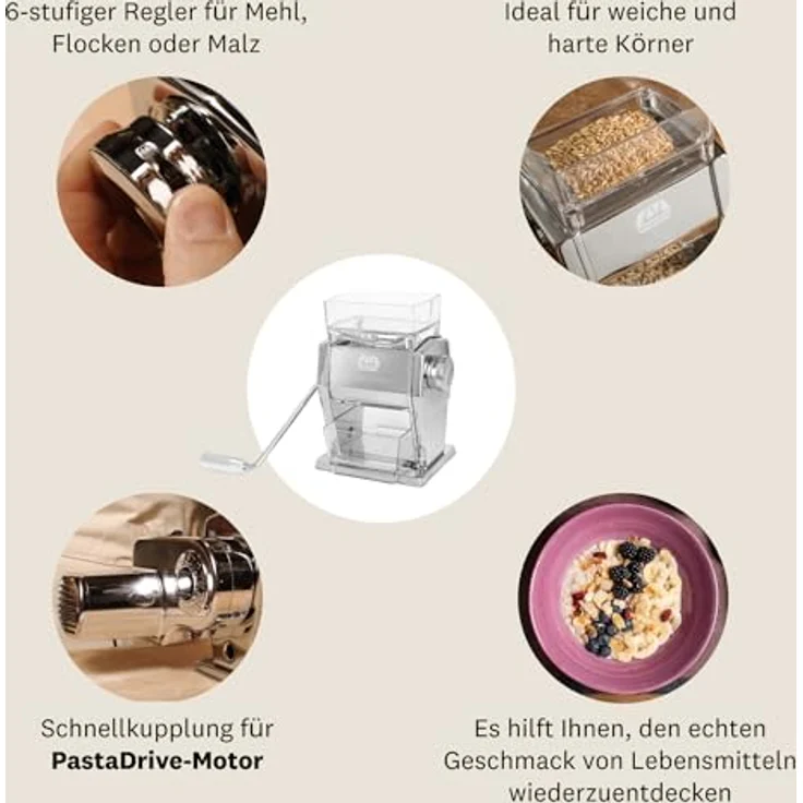 Marcato MARGA MULINO MU19-MARGA, Getreidemühle mit Handkurbel, 6 Mahlpositionen, verchromter Stahl, für zarte und harte Körner – Bild 6