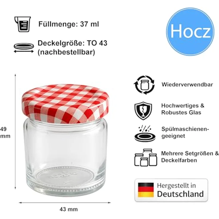 hocz 25x Mini Marmeladengläser 37 ml Set, rot kariert, luftdicht und spülmaschinenfest, ideale Einmachgläser für Marmelade und mehr – Bild 2