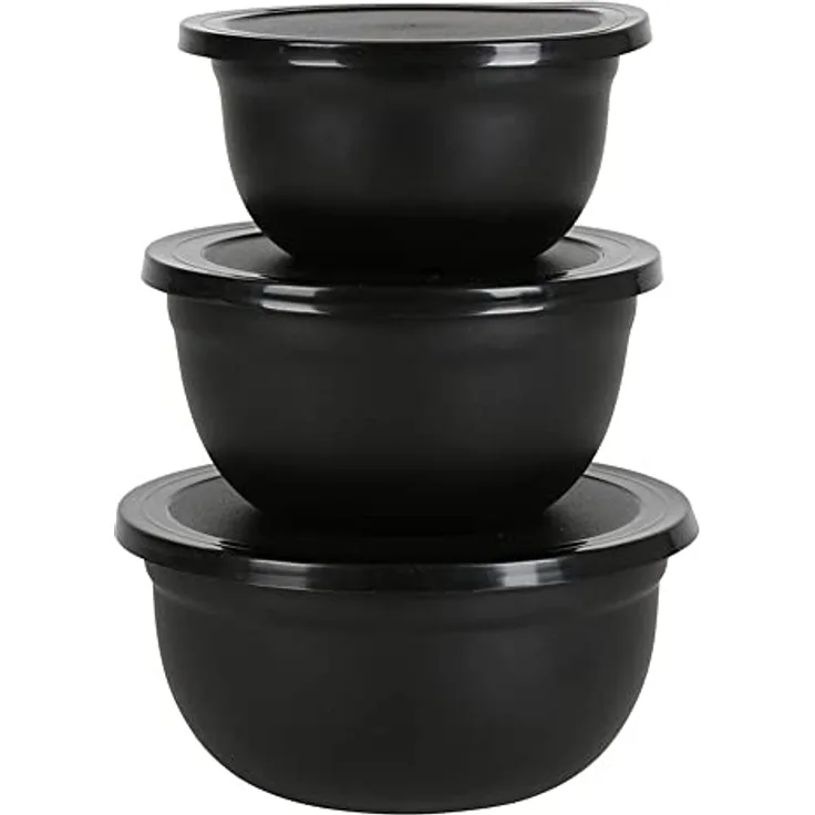 SESUA Edelstahl Multischüssel Set 3tlg. mit Deckel Schwarz Zweifarbiges Design, praktischer Schüttrand