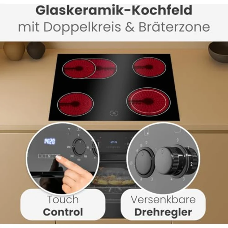 Bomann® EHBC 7938, Herd-Kochfeld-Kombination 60cm mit Grill und Heißluft, Energieklasse A, 9 Funktionen, 57L Backofen, Glaskeramik-Kochfeld – Bild 4