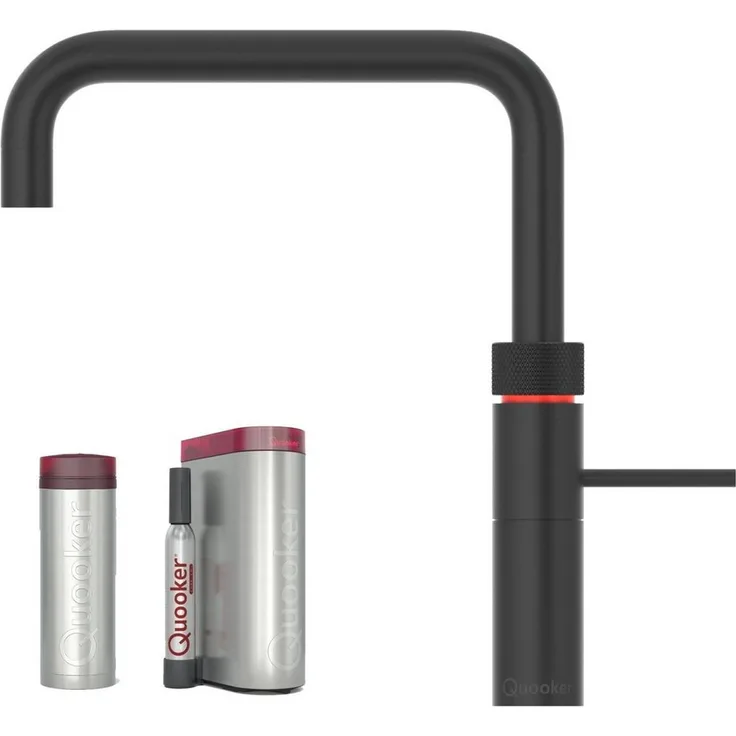 QUOOKER Wassersprudler Quooker PRO3 Reservoire + CUBE für gekühltes Sprudelwasser, Fusion Square Wasserhahn Schwarz, energiesparend und effizient
