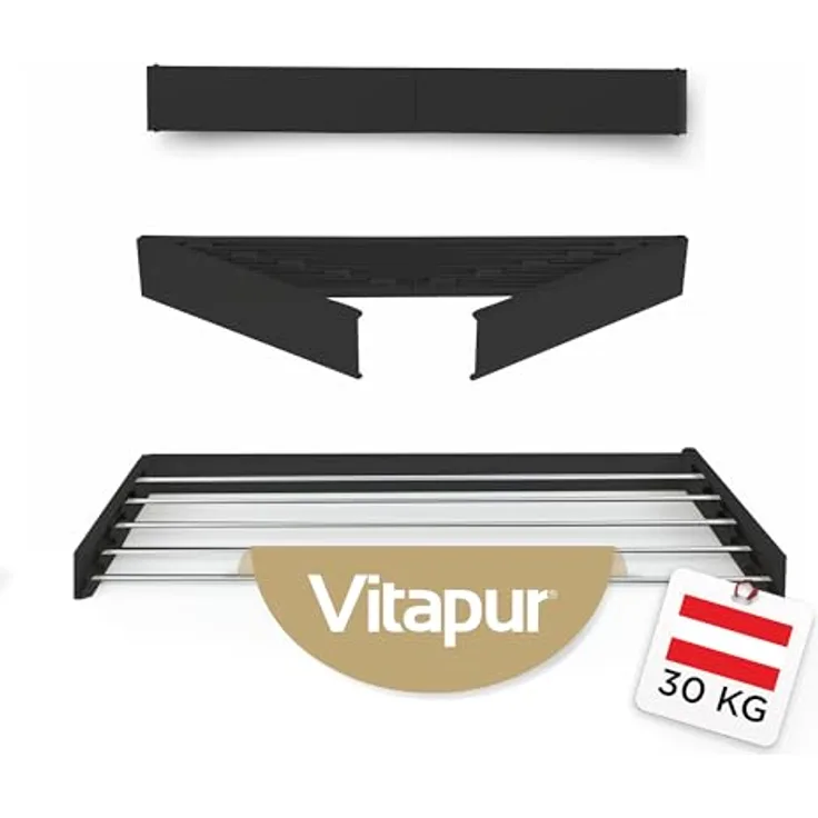 Vitapur Wandtrockengestell, klappbar und ausziehbar, Edelstahl-Aluminium, 80 x 40 cm, 4 Meter Trockenlänge, schwarz