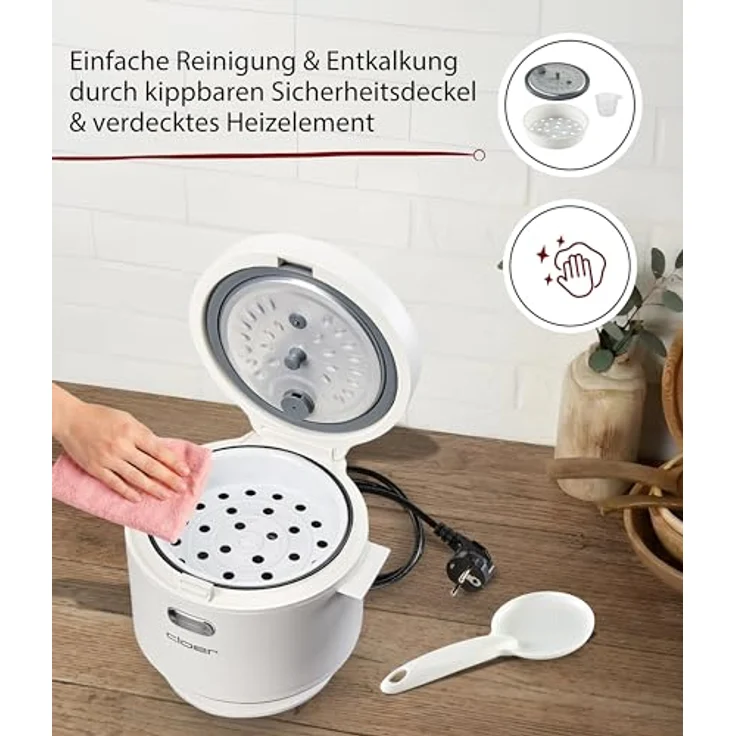 Cloer 6831 Reiskocher, 1 l, inkl. Dampfaufsatz, 7-Phasen-Technologie, Warmhaltefunktion bis 24 h, spülmaschinengeeigneter Innentopf, 350 W – Bild 4