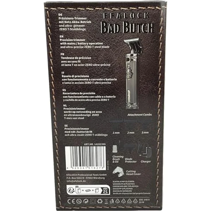 EFALOCK Professional Haar- und Bartschneider Efalock Bad Butch Trimmer, Ultra präzise Zero Schnitte, inkl. 3 Aufsteckkämme, 4 Stunden Akkulaufzeit, T-Stahlklinge - Schwarz – Bild 3
