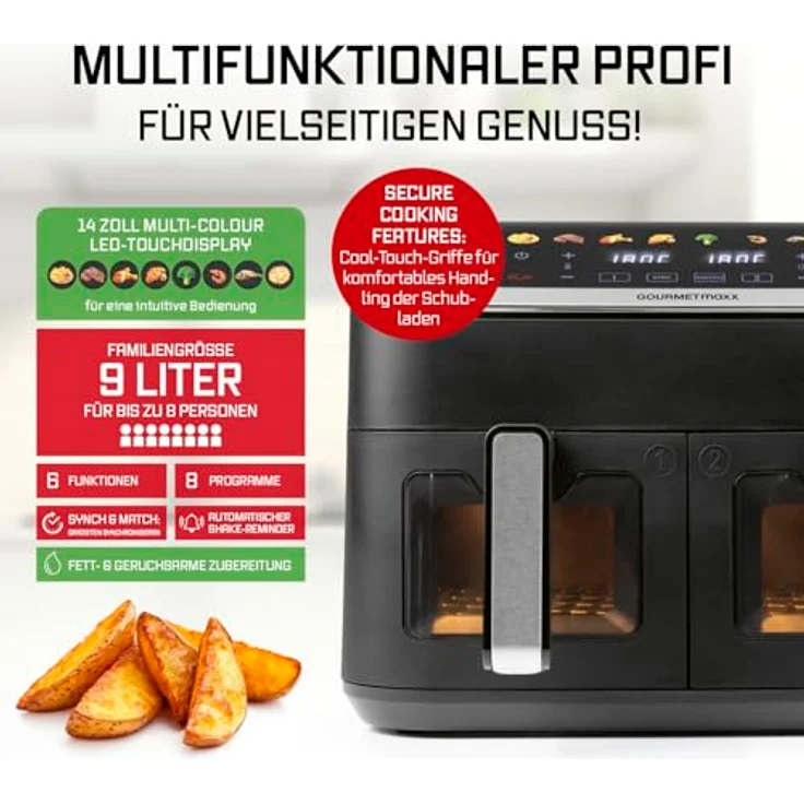 GOURMETmaxx AirGenius 2-Kammer-Heißluftfritteuse, 9 Liter (2 x 4,5 l) mit Multi-Color LED-Touchdisplay, Mattschwarz, 2400 Watt – Bild 3