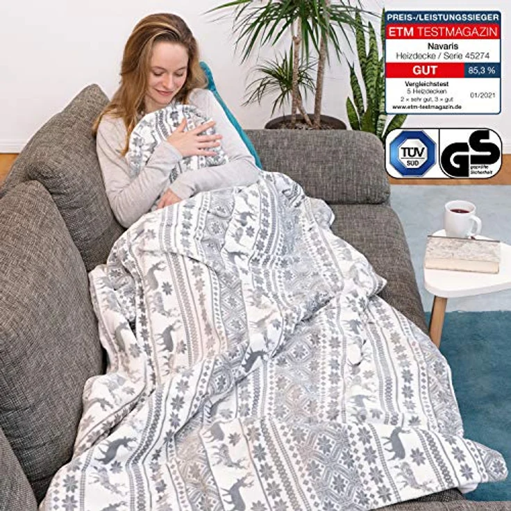 Navaris Heizdecke, XXL Elektrische Wärme Decke 180x130cm 3 Wärmestufen Abschaltautomatik waschmaschinengeeignet Kuschelige Bett Wärmedecke grau – Bild 2