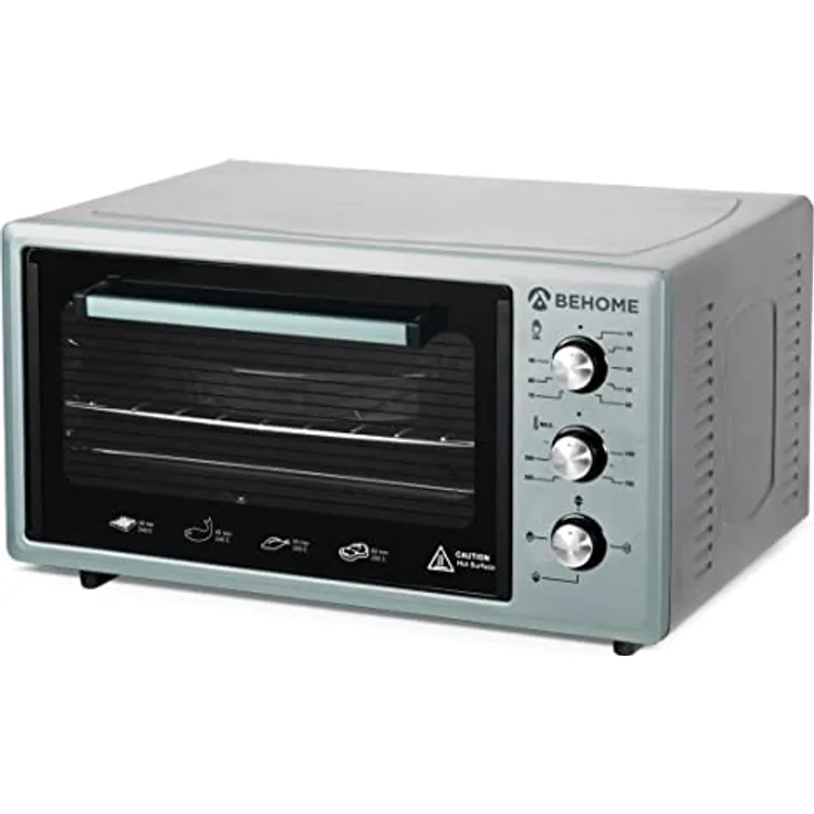 Behome Elektrischer Ofen, 48 Liter, belüftet, selbstreinigend, emailliert, mit Innenbeleuchtung | Temperatur bis 320 °, hitzebeständiges Doppelglas und Timer 2 Ausschnitte und 1 Gitter (Silber)