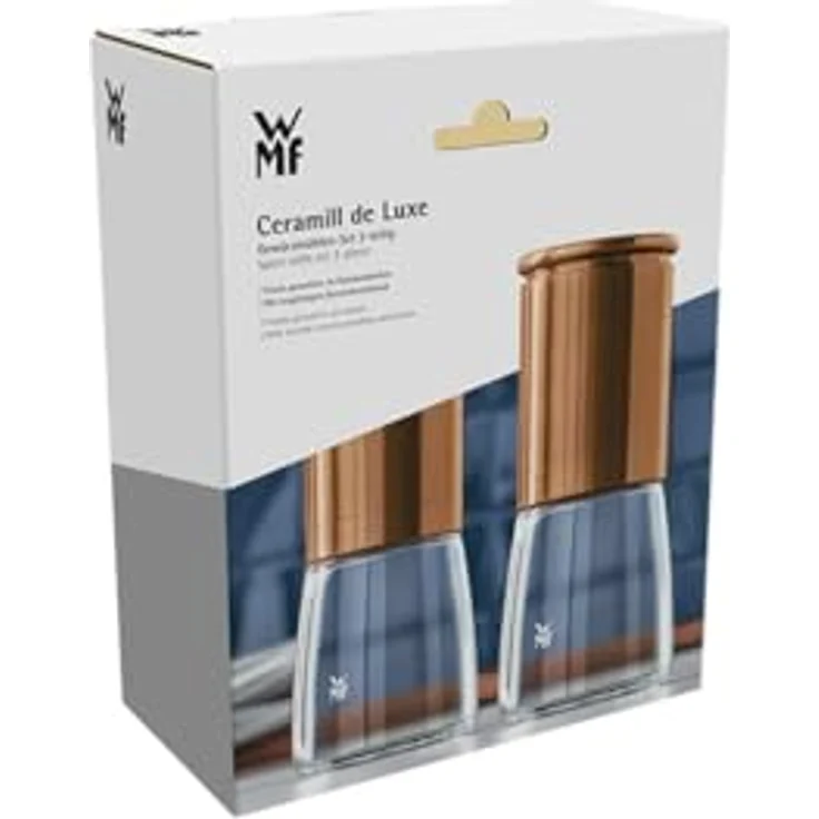WMF De Luxe Salz und Pfeffermühle Set 2-teilig, unbefüllt, 14 cm, Cromargan Edelstahl, Glasbehälter, Keramikmahlwerk, Mühle für Salz, Pfeffer, Chillischoten – Bild 5