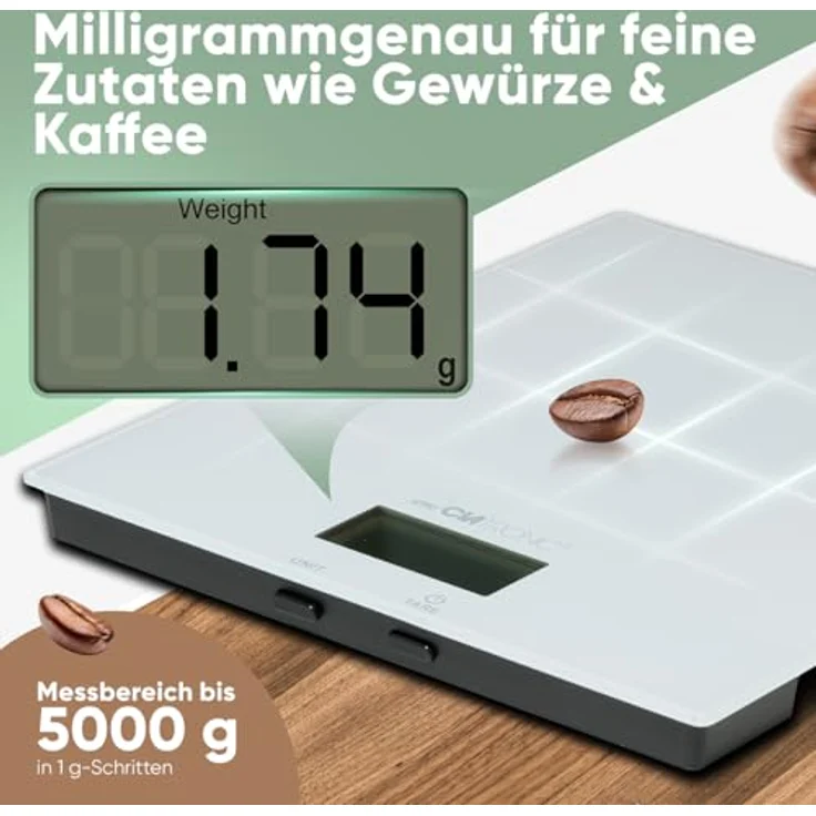 Clatronic KW 3820 Küchenwaage digital, 5 kg, hohe Präzision mit 1 g Schritten, Zuwiegefunktion, stabiles Glas, weiß – Bild 3