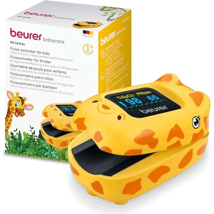Beurer PO 13 Kids, Finger-Pulsoximeter für Kinder, sekundenschnelle Messung, automatische Display-Ausrichtung, mit Gürteltasche, Giraffen-Design