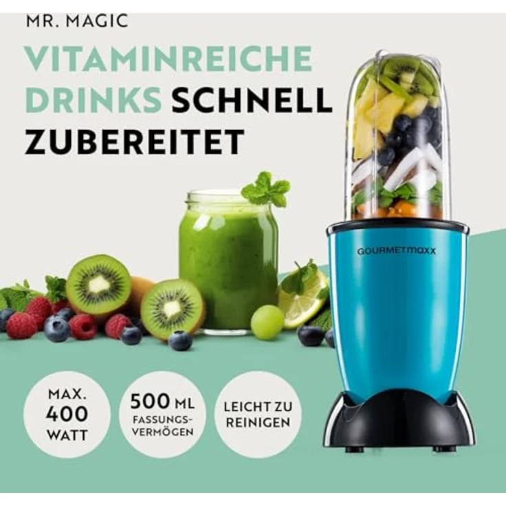 GOURMETmaxx Mixer Mr. Magic, Standmixer mit 400W, 500ml Fassungsvermögen, 8 Funktionen für Smoothies, Dips und Soßen, leicht zu reinigen, 4-tlg. Zubehörset – Bild 2
