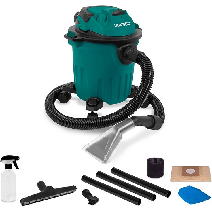 VONROC Nass-Trocken-Sauger 1000 W, beutellos, inkl. Sprühflasche und Textildüse für effektive Fleckenentfernung