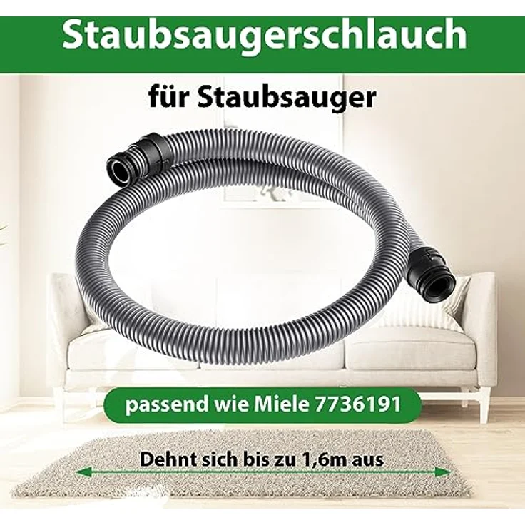 VIOKS Staubsaugerschlauch 1,6 m, Ersatz für Miele 7736191 Classic C1, flexibles und langlebiges Saugschlauch-Zubehör für 35mm Bodensauger – Bild 2