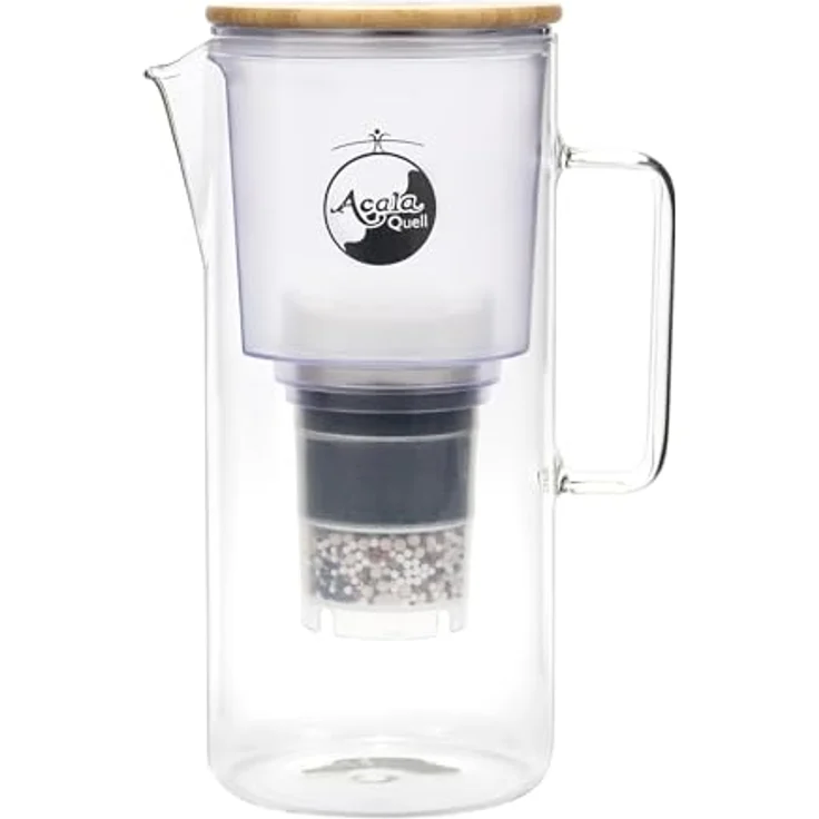 Acala Quell AcalaQuell® Silizia Premium Wasserfilterkanne aus Glas (1,4 l) mit Bambusdeckel, laborgeprüfte Filtertechnologie für sauberes Trinkwasser – Bild 1