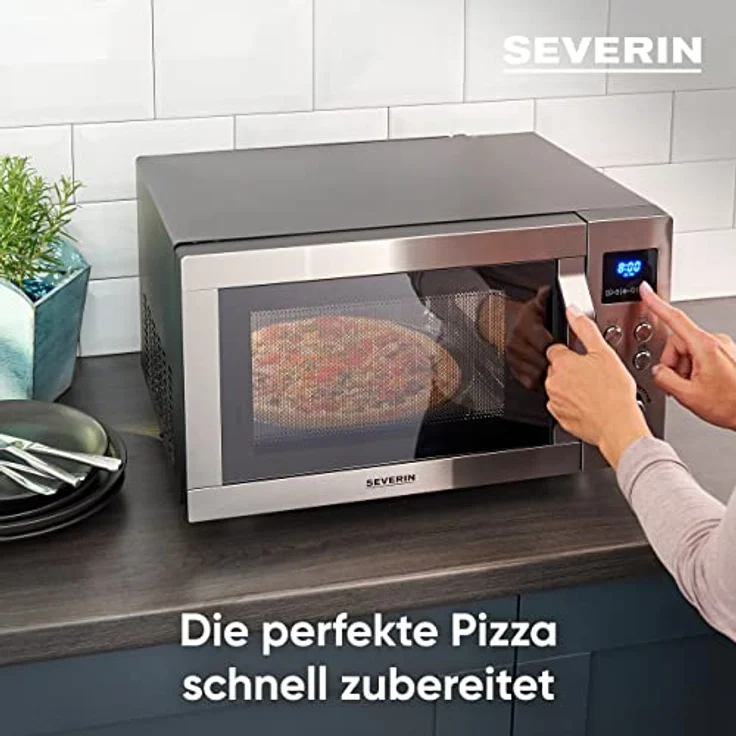 Severin MW 7778 4-in-1 Mikrowelle, 25 Liter Garraum, 900 Watt, Grillfunktion, Heißluft 230°C, Pizzafunktion, Auftauen, 11 Programme, silber – Bild 4