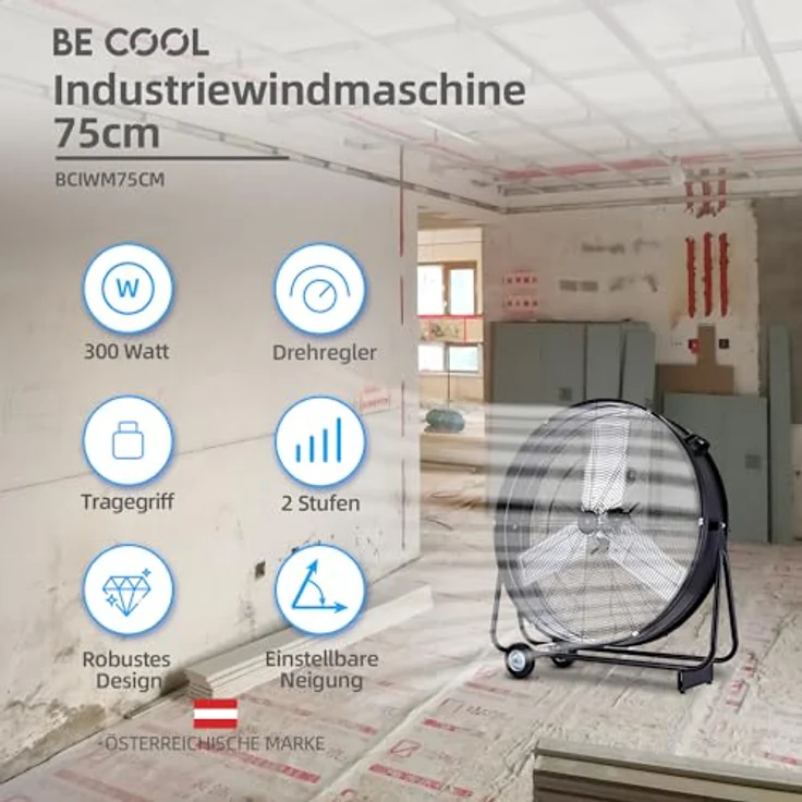Be Cool Bodenventilator 300W, leistungsstarker Trommelventilator mit 2 Geschwindigkeitsstufen und verstellbarer Neigung, mobil mit Rollen – Bild 2