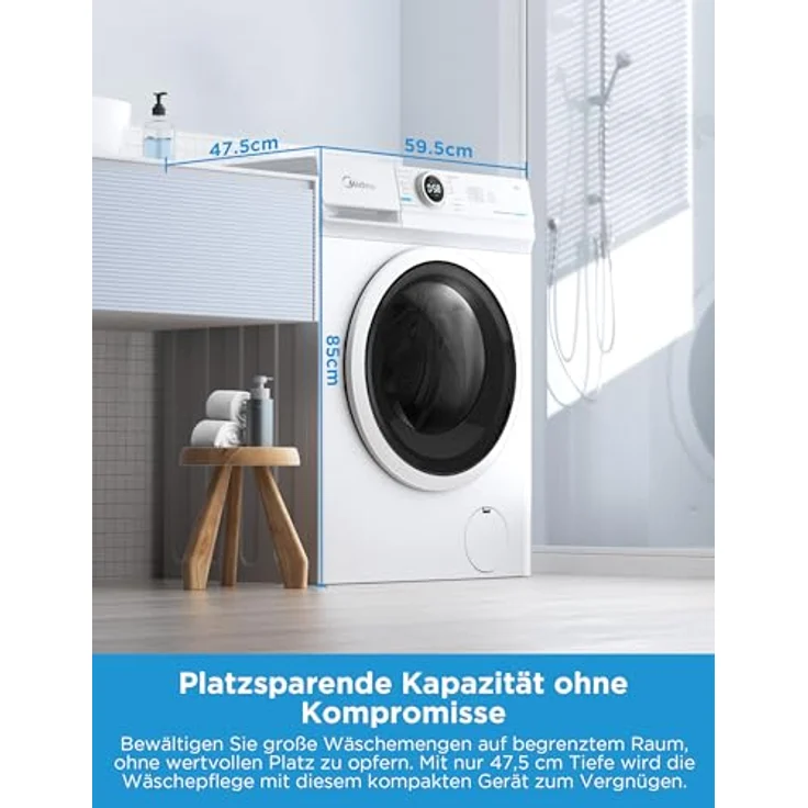 Midea MF10EW80B Waschmaschine / 8kg / 1400 U/Min/EEK A/Inverter Quattro Moto/Dampffunktion/Grosse Trommel/Slim Design/Nachlegefunktion/Kindersicherung/AquaStop, Weiß – Bild 2