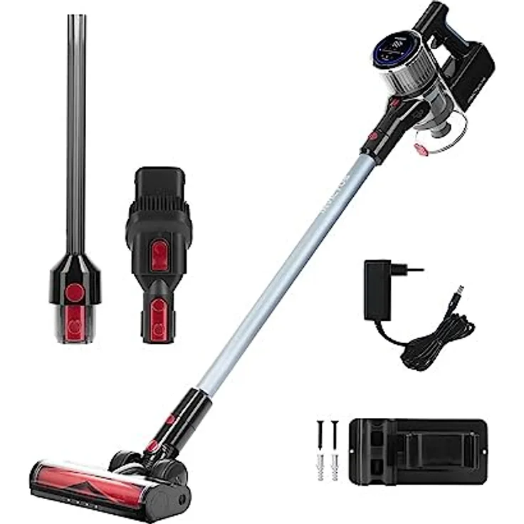 Genius Invictus X9 Facelift Staubsauger Kabellos 12-TLG., Akku Staubsauger bis zu 55 Min Laufzeit Teppich Tierharre Auto Hartböden, HEPA Filter, LED, Wandhalterung,180° Gelenkkopf, Display Touchpad