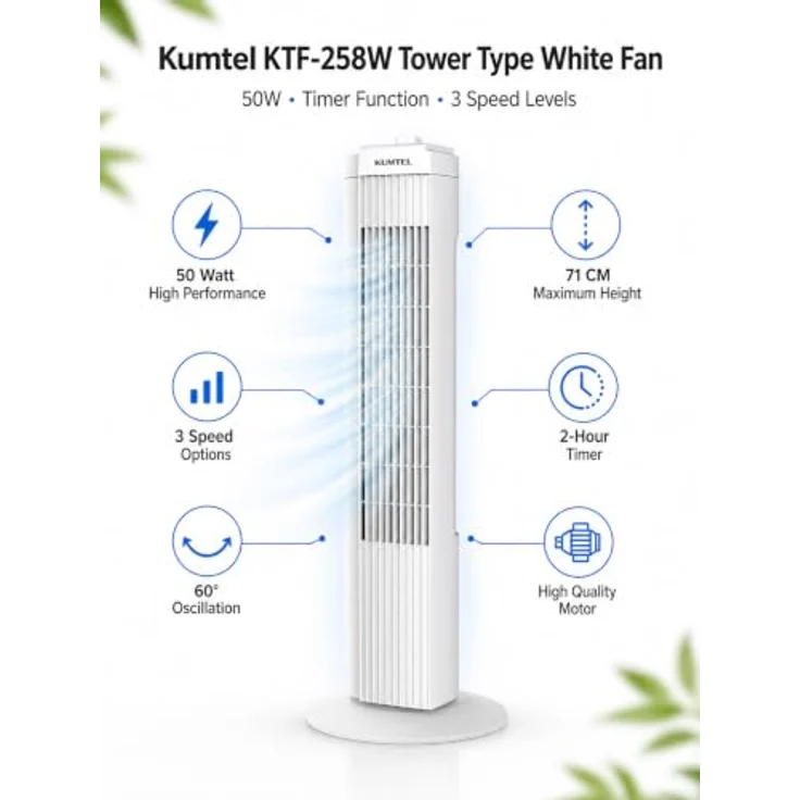 KUMTEL KTF-258W Standventilator, 70 cm Durchmesser, 60° Oszillation, 3 Geschwindigkeitsstufen, 2-Stunden-Timer, maximale Höhe 71 cm, weiß – Bild 15