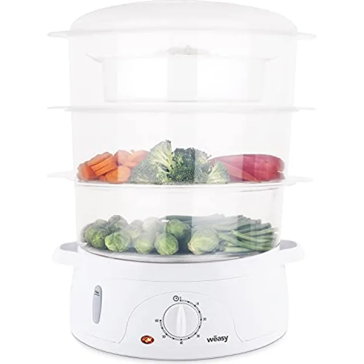 Wëasy Elektrischer Dampfgarer VEGE8 Multifunktions 9 l kompakt, 3 stapelbare Schalen zum Kochen von Eiern, Gemüse, Fleisch, Fisch, Rizkocher, Timer 60 Minuten, Vitaminaufbewahrung